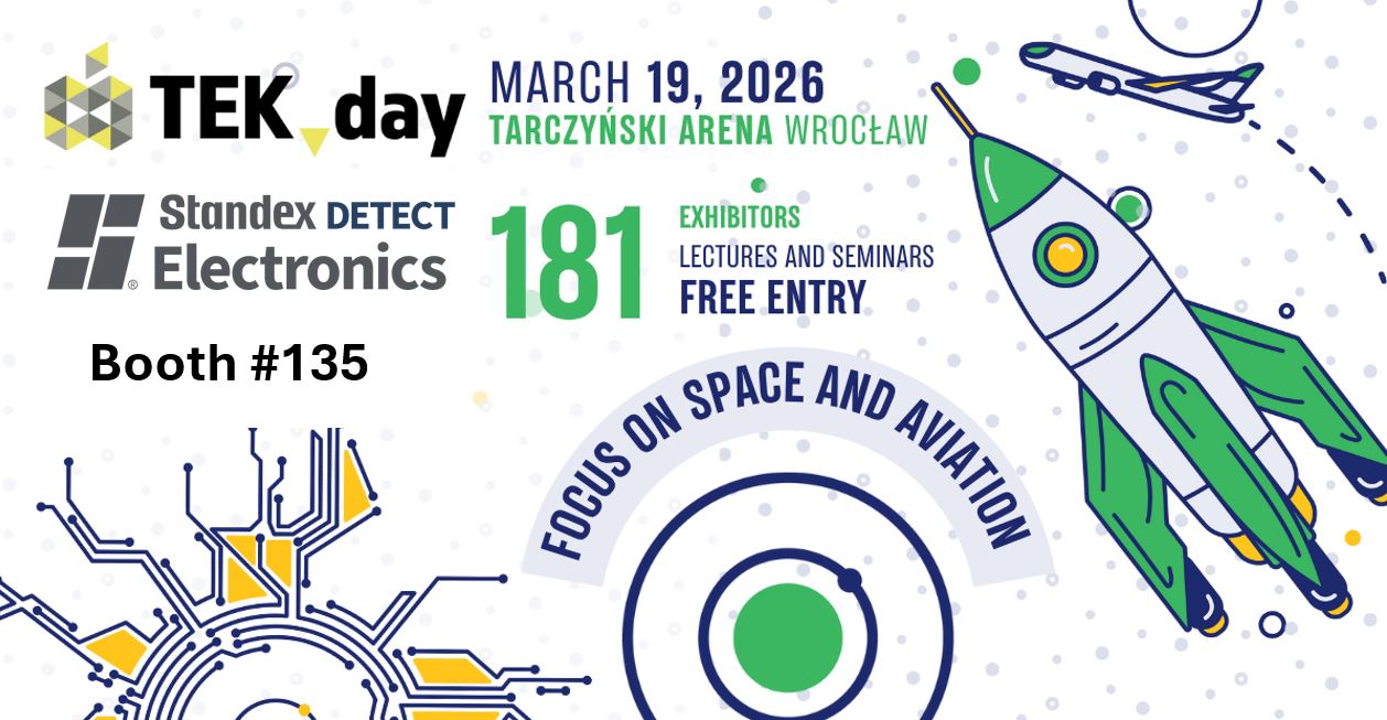 Visuel promotionnel pour TEK.day le 19 mars 2026 à la Tarczyński Arena Wrocław, avec Standex Electronics au stand n°135. Thème : Focus sur l’Espace, l’Aviation et la Global Industrie ; 181 exposants ; entrée gratuite. Illustration d’une fusée et de circuits. par Standex Detect