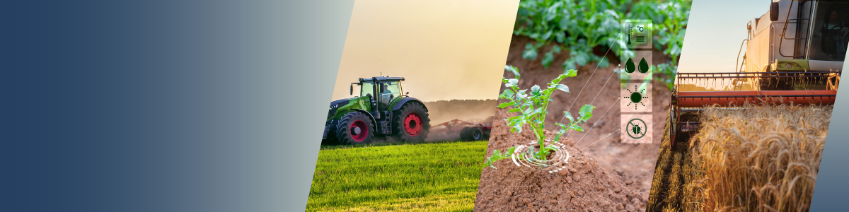 Un collage montrant un tracteur dans un champ, un gros plan d’une plante avec des icônes numériques pour l’agriculture intelligente, et une moissonneuse-batteuse dans un champ de blé au coucher du soleil — mettant en avant l’efficacité énergétique avec la technologie des interrupteurs à lames souples. par Standex Detect