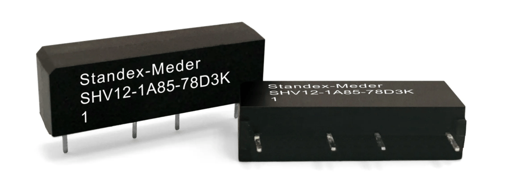 Two black rectangular SHV Reed Relays labeled Standex-Meder SHV12-1A85-78D3K, each with four metal pins, are shown standing upright and lying flat on a white background. by Standex Detect