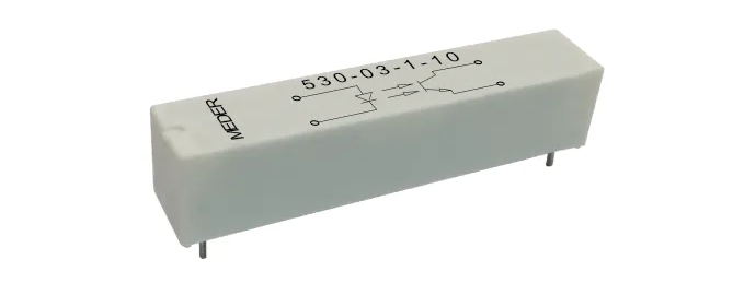 White rectangular electronic component from the Standex Optocoupler Series 530 with two metal pins, labeled MEDER 530-03-1-10 and featuring a schematic diagram on its surface, shown on a white background. by Standex Detect