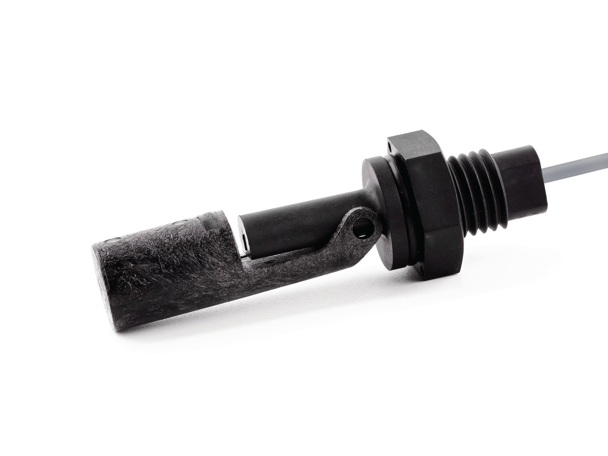A close-up of an industrial black plastic LS03 Series Liquid Level Sensor with a threaded mounting section and a cylindrical probe tip, isolated on a white background. by Standex Detect