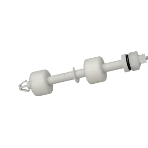 A white plastic LS04 Series liquid level sensor, featuring two cylindrical foam floats, a threaded end with a rubber gasket, and a pronged tip, isolated on a white background. by Standex Detect