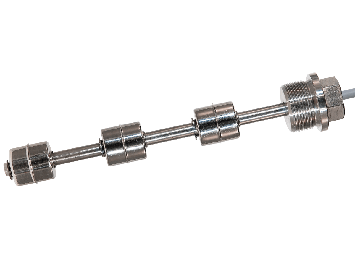 The LS05 Series Liquid Level Sensor features stainless steel cylindrical floats and a threaded fitting, ideal for detecting liquid levels in tanks or containers. It has two float switches mounted on a metal rod for accurate monitoring. by Standex Detect