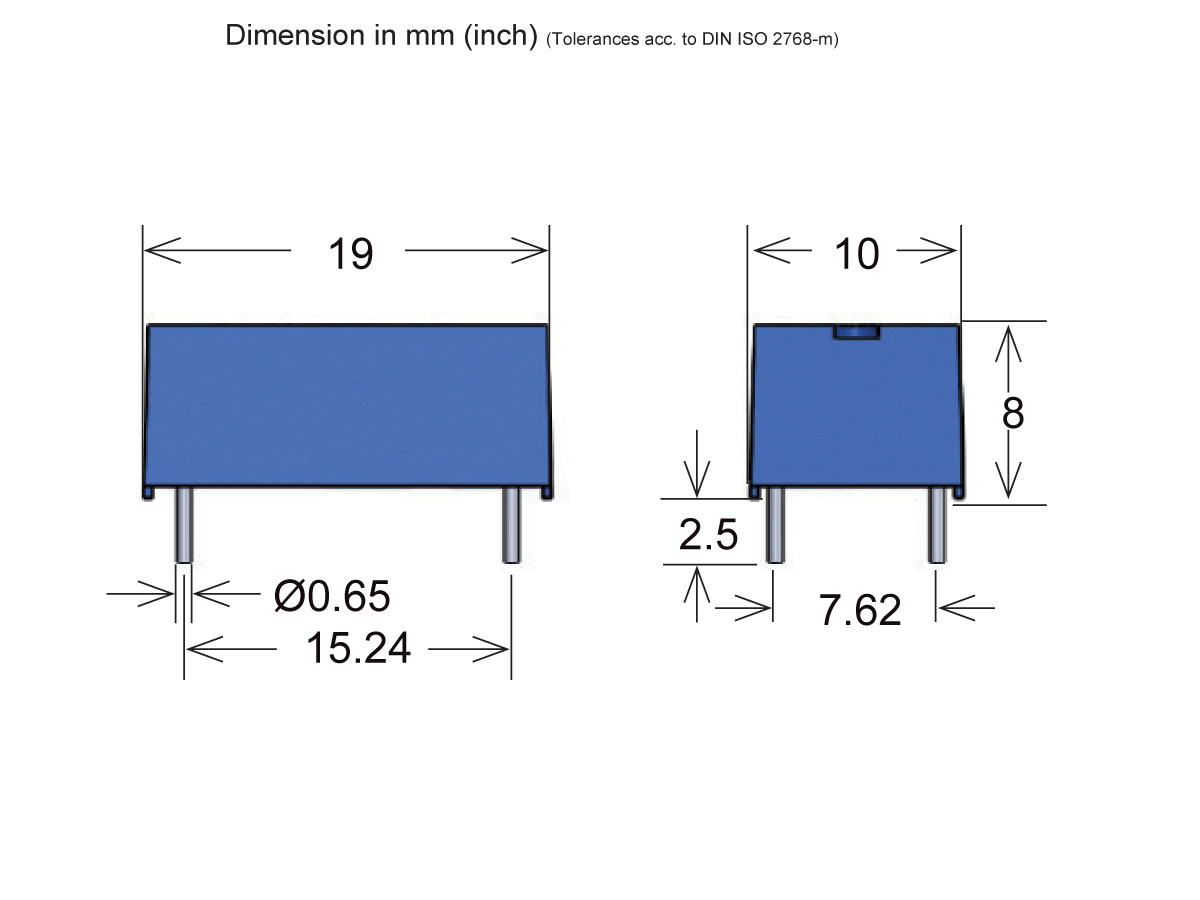 Technical drawing of a blue rectangular 525 Series Optocouplers component with labeled dimensions: 19mm width, 10mm depth, 8mm height, 7.62mm pin spacing, pin diameter 0.65mm, and 2.5mm pin offset. by Standex Detect