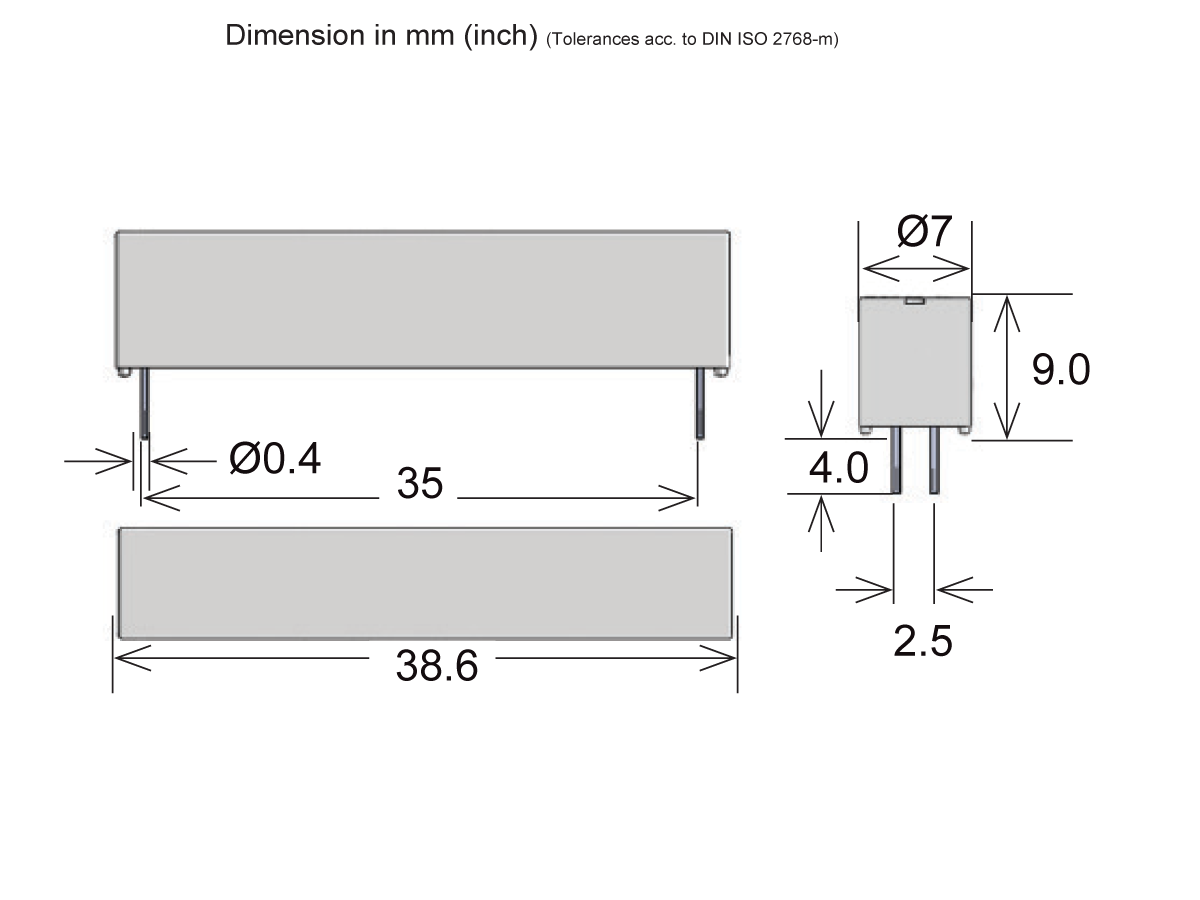 Technical drawing of a 530-03 Series optocoupler, showing dimensions in millimeters: 38.6 mm length, 9 mm height, 7 mm width, 4 mm and 2.5 mm pin spacing, and 0.4 mm pin diameter. by Standex Detect
