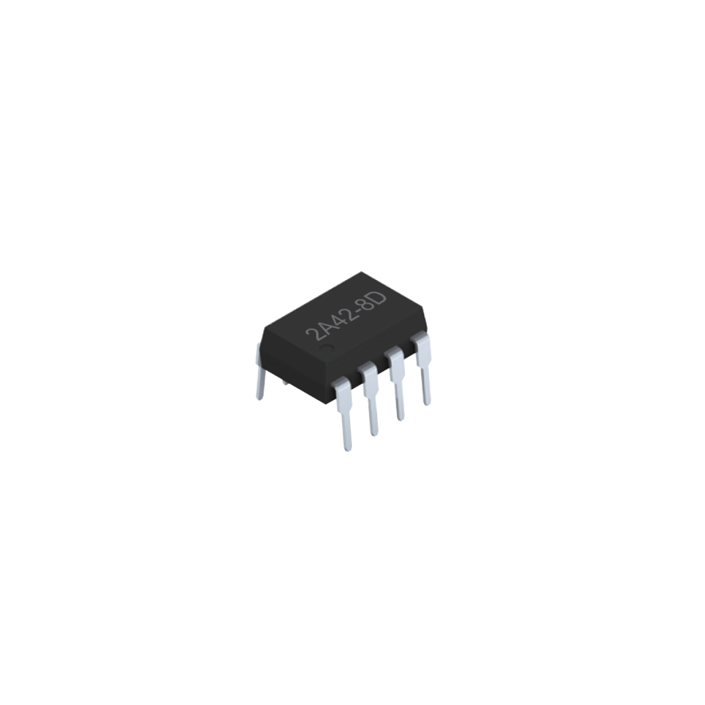 A black, rectangular 8-pin SMD integrated circuit chip labeled 24C2-8D with silver legs, shown on a white background. by Standex Detect