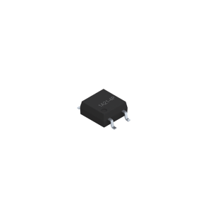 A small black integrated circuit chip with four silver pins, two on each side, labeled 14214P, resembling an SMP-21 Photo-MOSFET relay, viewed at an angle against a white background. by Standex Detect