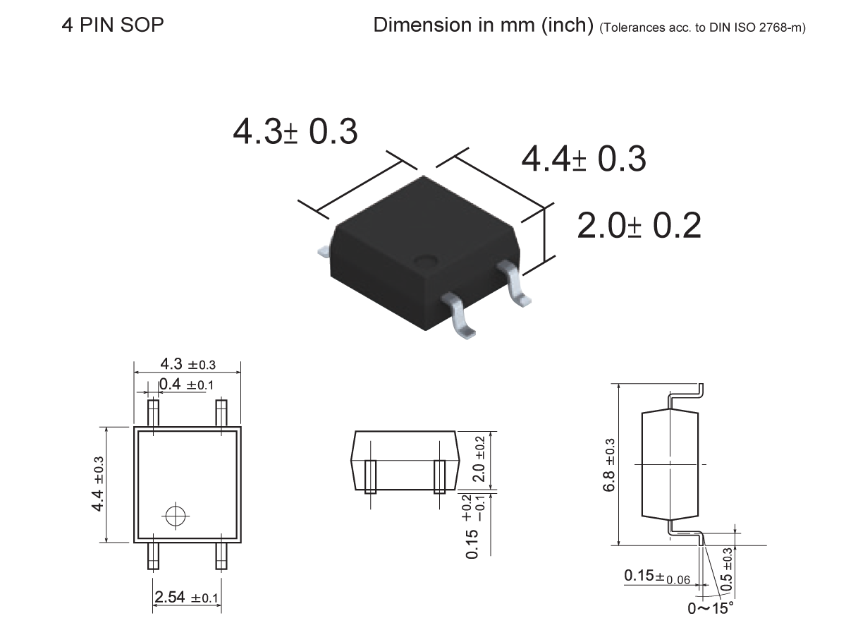 Technical drawing of a 4-pin SOP Photo-MOSFET Relay (SMP-21) with dimensions: 4.3±0.3 mm width, 4.4±0.3 mm length, 2.0±0.2 mm height, and various pin spacings, shown in multiple views. by Standex Detect