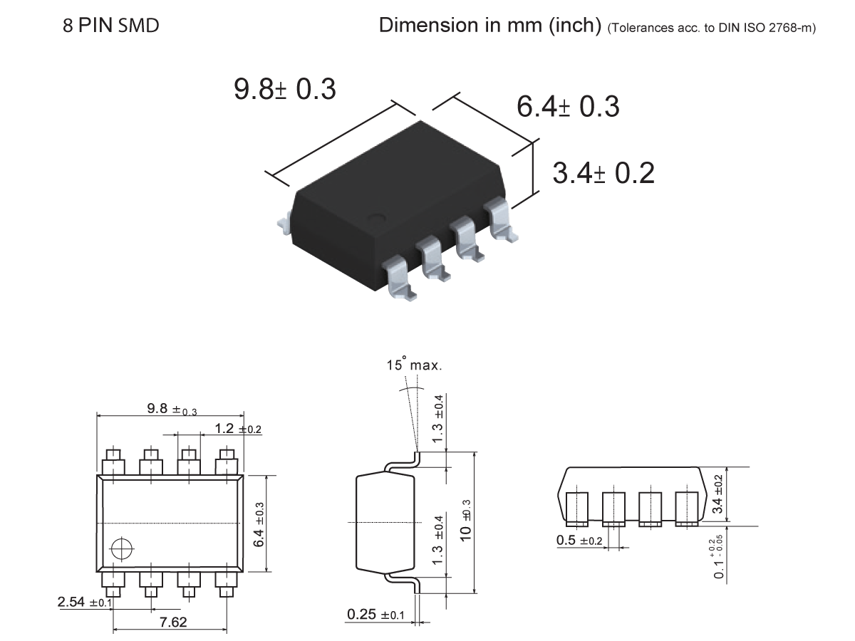 Technical drawing and 3D illustration of an SMP-37 Photo-MOSFET Relay in an 8-pin SMD package, showing detailed dimensions in millimeters with labeled length, width, height, and pin spacing measurements. by Standex Detect