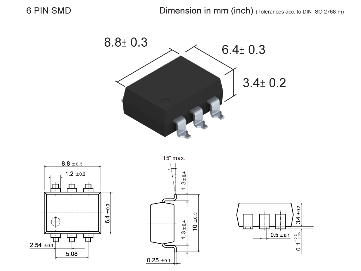 Technical drawing of a 6-pin SMD electronic component, such as the SMP-38 Photo-MOSFET relay solid state relay, with isometric and orthographic views. Dimensions in millimeters detail pin and body sizes, plus spacing specifications. by Standex Detect