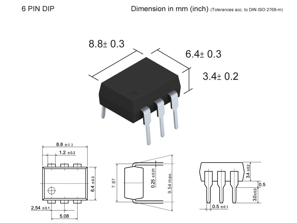 3D drawing of a 6-pin DIP Photo-MOSFET Relay with labeled dimensions, featuring detailed technical diagrams of side, top, and end views, with precise measurements in millimeters. by Standex Detect