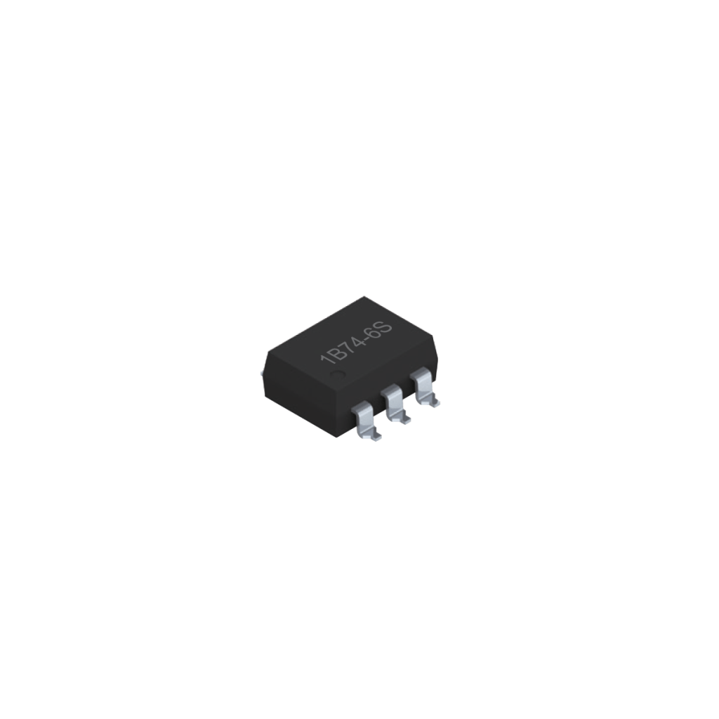 A black, rectangular MOSFET Relay electronic component with four metal legs on each side, labeled 1B74-6S (SMP-74) on top, isolated on a white background. by Standex Detect