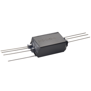 A rectangular black electronic component with six long metal leads extending from both sides, sitting on a white background. The surface has markings that suggest it is a BH Series Reed Relay, possibly indicating part numbers or codes. by Standex Detect