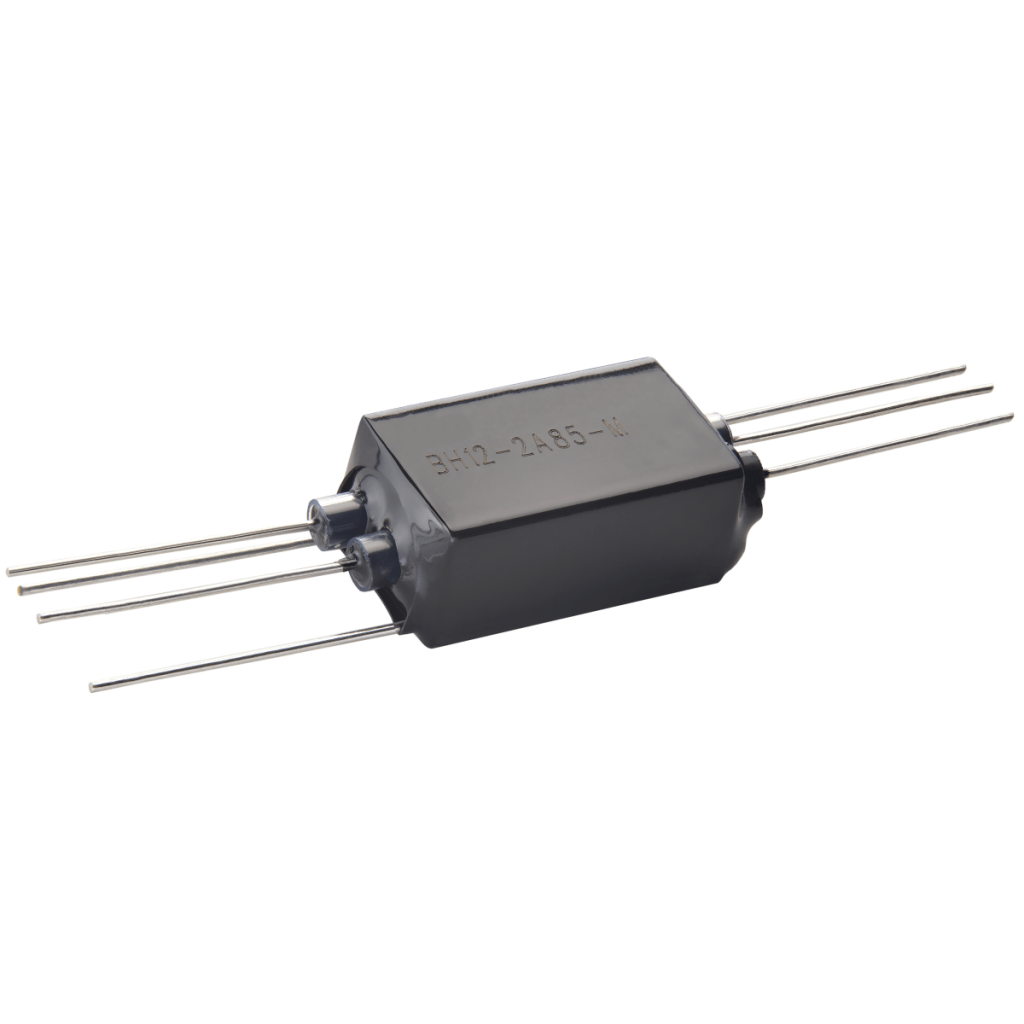 A rectangular black electronic component with six long metal leads extending from both sides, sitting on a white background. The surface has markings that suggest it is a BH Series Reed Relay, possibly indicating part numbers or codes. by Standex Detect