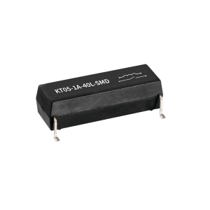 A black rectangular KT Series Reed Relay, labeled KT05-1A-40L-SMD, features four metal pins for surface mounting, photographed on a white background. by Standex Detect