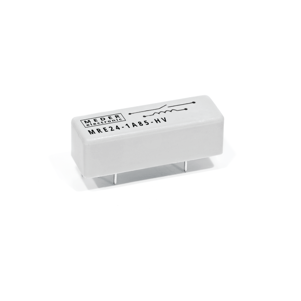 A rectangular white electronic component with two metal pins at the bottom, black printed text, and a circuit symbol on the top surface highlights its unique characteristics. by Standex Detect