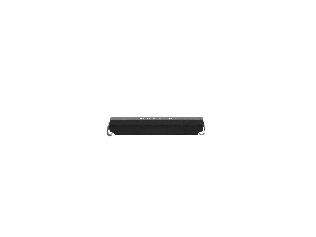 A small black electronic component with two silver metal leads, one on each end, against a white background. The component appears to be a Reed Switch or similar part, possibly from the MK01 Series. by Standex Detect