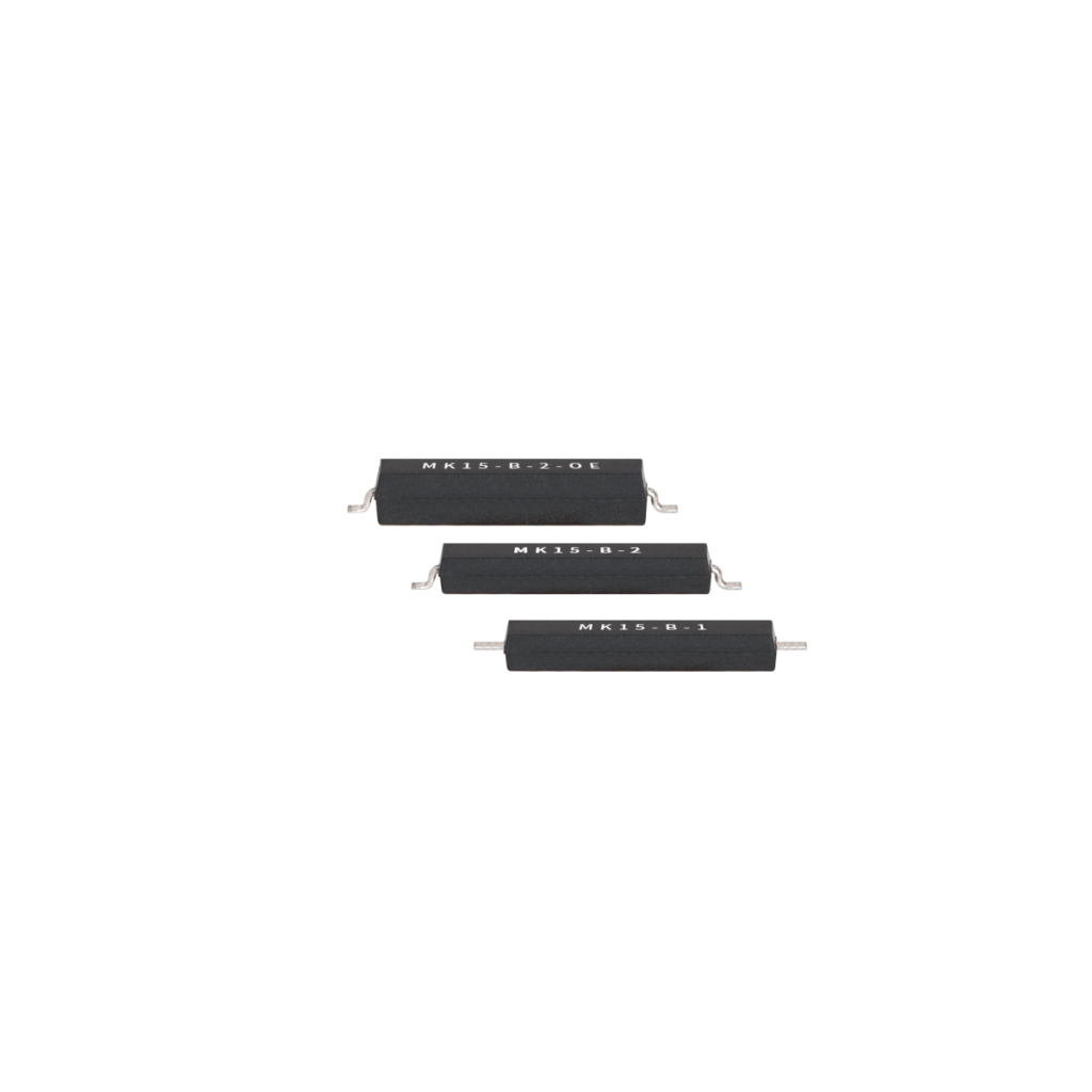 Three black rectangular electronic resistors, labeled MR12S-B-2-0L, MR12S-B-2, and MR12S-B-1, are arranged in a row on a white background alongside a Surface Mount Reed Switch from the MK15 Series. by Standex Detect