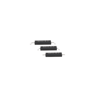 Three black rectangular electronic components, likely Surface Mount Reed Switches, with metal leads on both ends are arranged in a line on a white background. Each component is labeled MK23-B-1 in white text. by Standex Detect