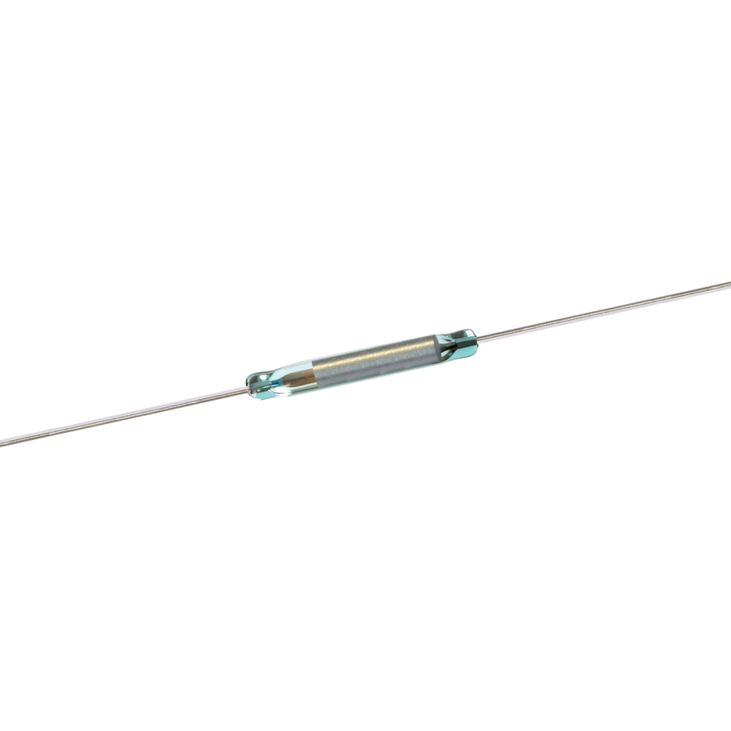 A close-up of a latching reed switch with metal leads extending from both ends, isolated on a white background. by Standex Detect