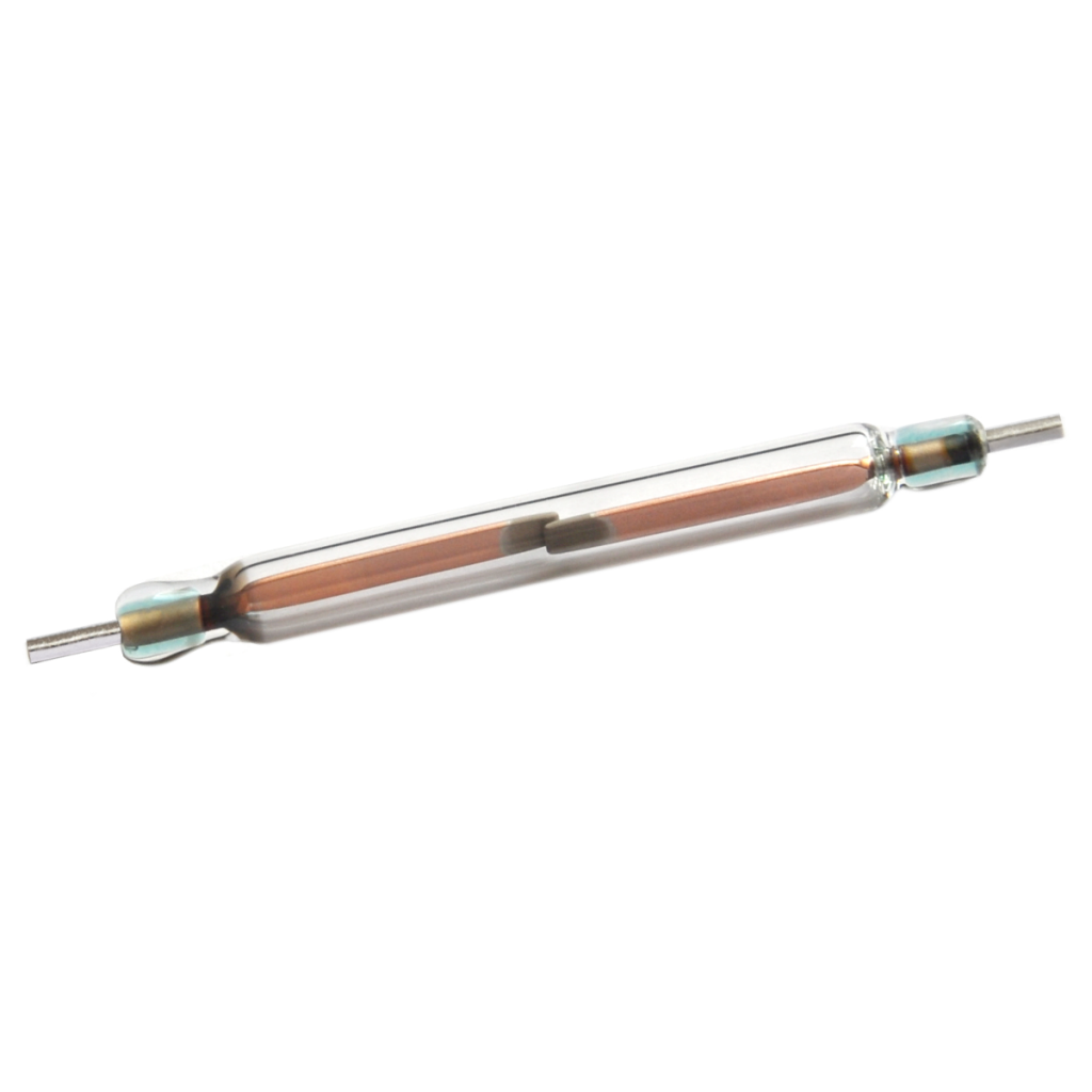 A small glass tube containing two metal leads and contact points inside; this is a high frequency reed switch used for detecting magnetic fields in electronic circuits. by Standex Detect
