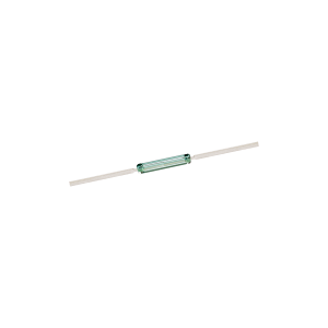 A small cylindrical glass reed switch from the KSK-1A35 Series with two metal leads extending horizontally from both ends on a white background. by Standex Detect