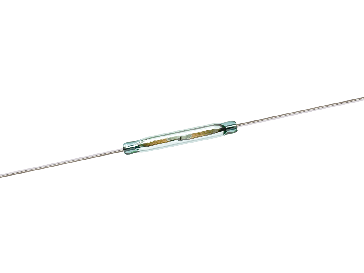 A close-up of a Reed Switch Series KSK-1A52 with metal wire leads extending from both ends, showing the internal contacts inside the transparent cylindrical body. by Standex Detect