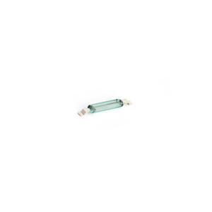 A small glass MK23-35 reed switch with metal caps on each end, placed on a white background. by Standex Detect