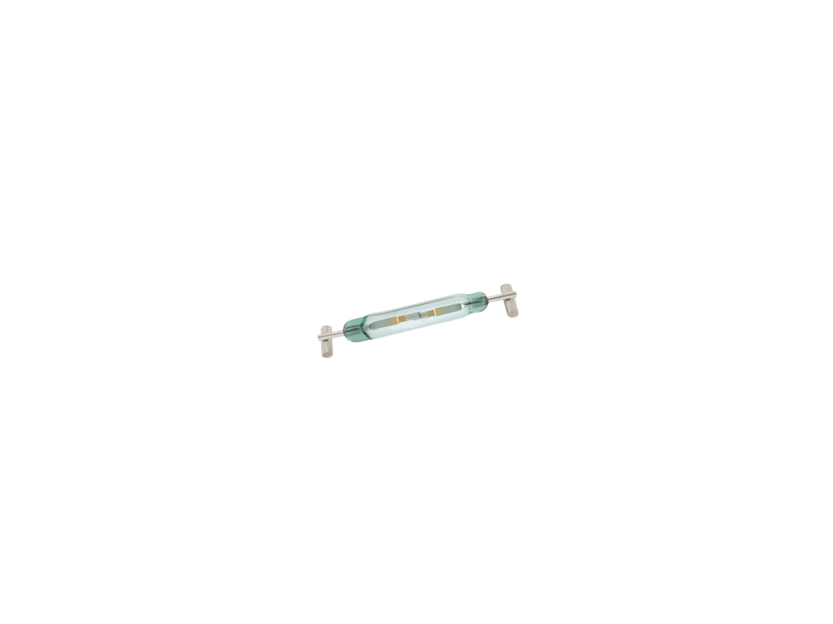 A close-up image of a glass fuse with metal caps on both ends and a visible filament inside, resembling the structure of a Surface Mount Reed Switch, isolated on a white background. by Standex Detect