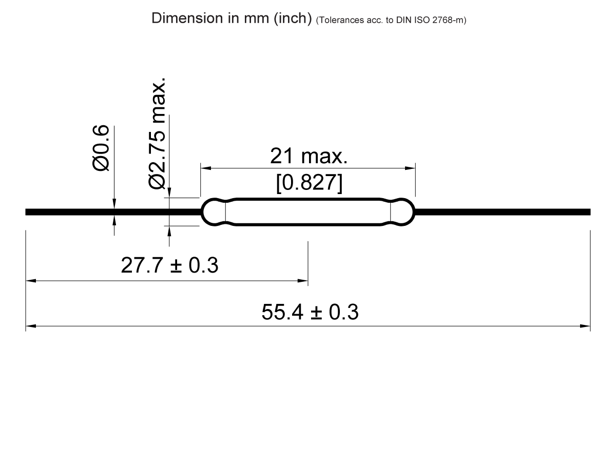 Technical drawing of an ORD2210 Series Reed Switch cylindrical component, with a maximum length of 55.4 ± 0.3 mm and diameter of 2.75 mm, showing key dimensions, tolerances, and labels in millimeters and inches. by Standex Detect