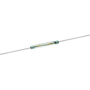 A close-up of an ORD2210V Series reed switch with two metal leads extending from each end, showing the internal contacts inside the transparent cylindrical casing. by Standex Detect