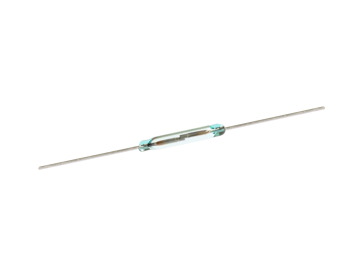 A glass Reed Switch from the ORD228VL Series, featuring two long metal leads extending from each end, isolated on a white background. by Standex Detect