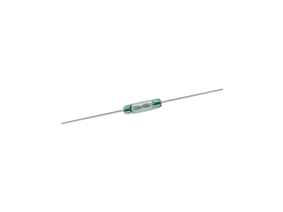 A cylindrical glass ORD613 Series Reed Switch with two straight metal leads extending from each end, isolated on a white background. by Standex Detect