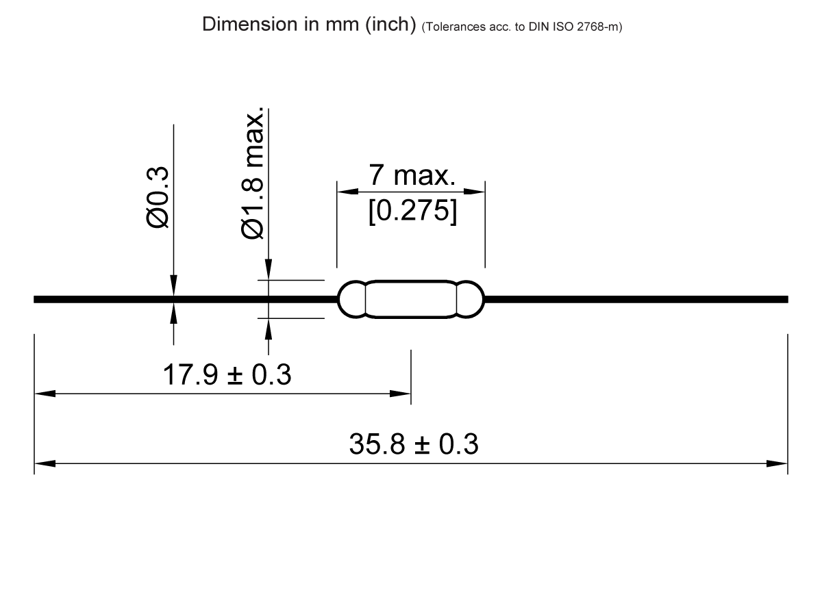 Technical drawing of an ORD613 Series Reed Switch cylindrical component with dimensions: length 35.8 ± 0.3 mm, center section 17.9 ± 0.3 mm, diameter 0.3 mm, and maximum height 1.8 mm and width 7 mm. by Standex Detect
