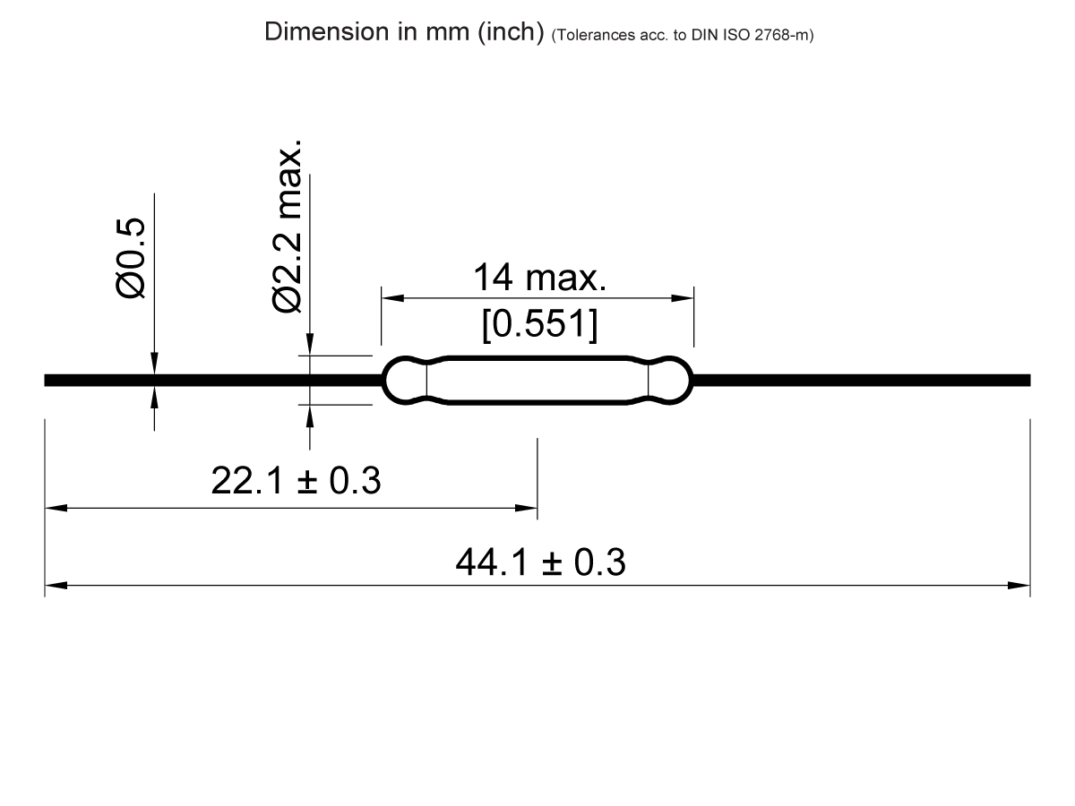 Technical drawing of a cylindrical electronic component, such as a Reed Switch from the ORD624 Series, with lead wires. Length is 44.1 ± 0.3 mm, body length 22.1 ± 0.3 mm, body diameter up to 2.2 mm, and lead diameter 0.5 mm. Dimensions in mm/inches. by Standex Detect