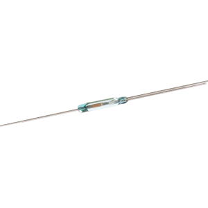 Close-up image of an ORT551 Series Reed Switch with metal leads extending from both ends, isolated on a white background. The switch&rsquo;s internal contacts are visible inside the glass tube. by Standex Detect