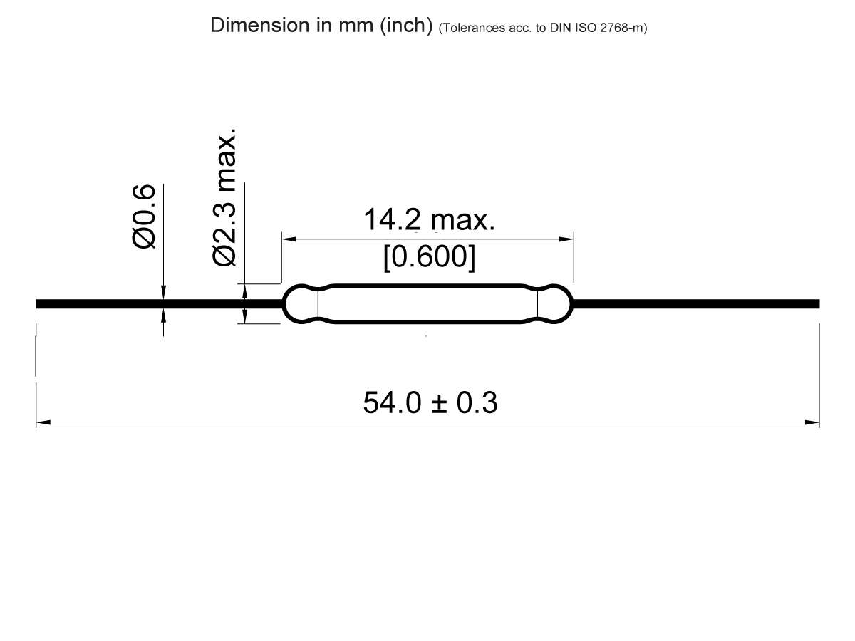 Technical drawing of the PR560 Reed Switch showing a cylindrical object with two thicker sections. Dimensions: diameter 0.6 mm, thicker section diameter 2.3 mm, max width 14.2 mm, overall length 54.0 ± 0.3 mm. by Standex Detect