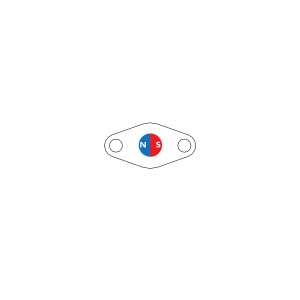 A small capsule-shaped AM Series Magnet with two holes on either side, containing a circular disk split into blue (N) and red (S) halves, representing a magnet's north and south poles. by Standex Detect