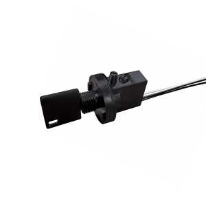 A close-up view of a black industrial mechanical component, featuring a threaded rod, cylindrical handle, and rectangular housing from the KS01 Series key switch against a white background. by Standex Detect
