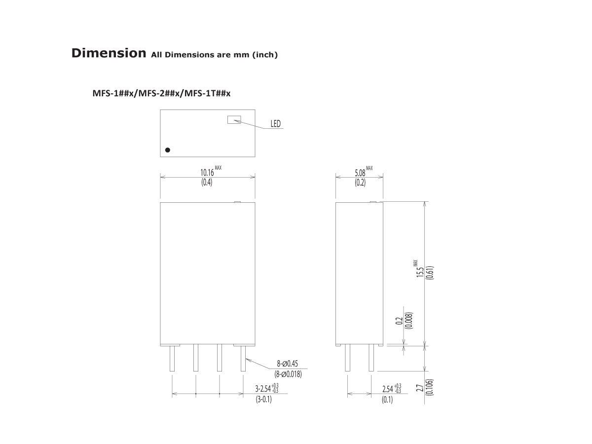 Technical drawing showing the dimensions of the FS Series Reed Relay labeled MFS-1#Hx/MFS-2#Hx/MFS-1T#Hx. Measurements in millimeters and inches are provided for height, width, and pin spacing. by Standex Detect