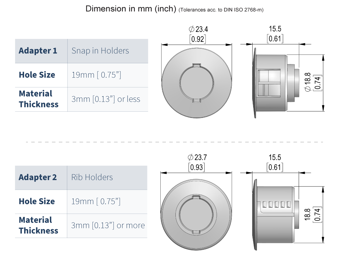 Two diagrams compare Adapter 1 (Snap in Holders) and Adapter 2 (Rib Holders), compatible with mk36 series reed sensor, for 19mm holes and up to 3mm material thickness, showing front and side views with labeled dimensions in mm and inches. by Standex Detect