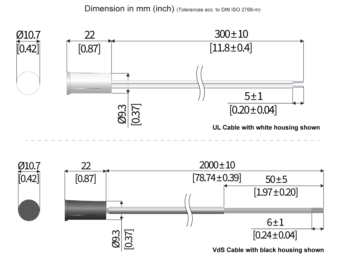 Technical drawing showing side and end views of two cables (UL with white housing, Vds with black housing), labeled with millimeter and inch dimensions for the mk37 series reed sensor, including cable lengths, diameters, and tolerances. by Standex Detect