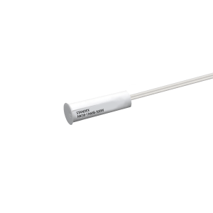 Un capteur &eacute;lectronique cylindrique blanc, identifi&eacute; comme un &laquo; Capteur Reed STANDEX MK63-1A66B-3050W &raquo;, reli&eacute; &agrave; deux fils blancs et isol&eacute; sur un fond blanc uni. Ce mod&egrave;le fait partie de la s&eacute;rie MK38. by Standex Detect