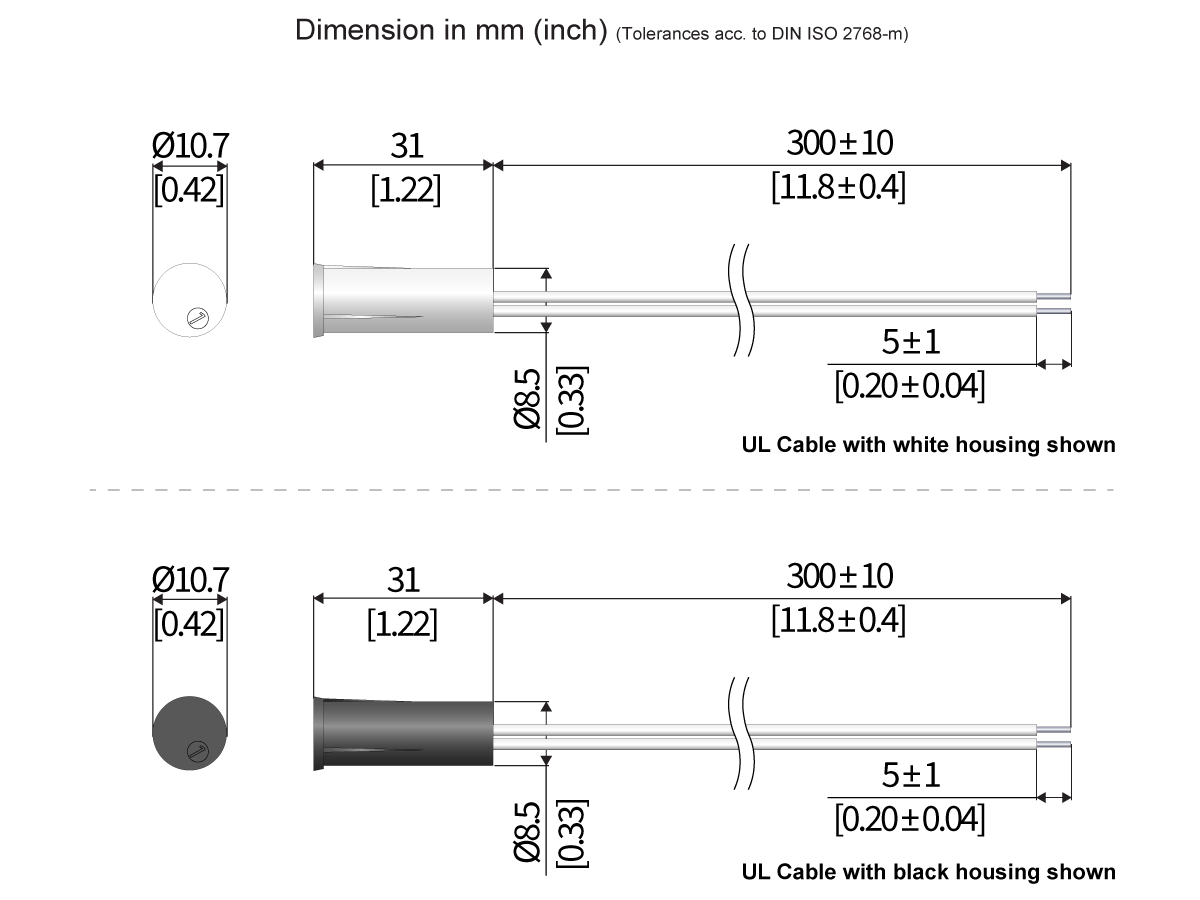 Technical drawing of two UL cables for the mk38 series reed sensor, one with a white housing and one with a black housing, showing dimensions in mm (and inches). Length: 300±10 mm, diameter: 10.7 mm, with detailed measurements. by Standex Detect