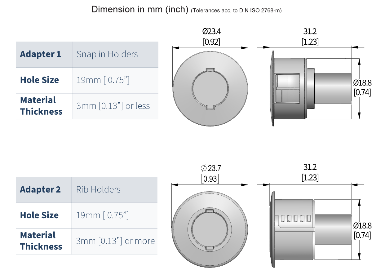 Two types of plastic adapters for mk36 series reed sensor: Adapter 1 (Snap in Holders) and Adapter 2 (Rib Holders), both fit 19mm holes and 3mm thickness, shown in front and side views with metric and inch measurements. by Standex Detect