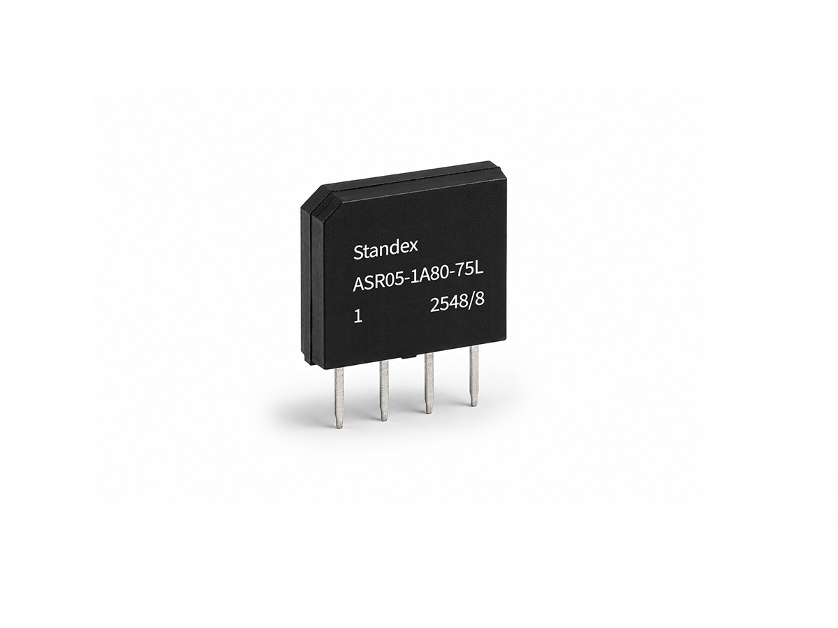 A black rectangular Reed Relay from the ASR Series with four metal pins, labeled Standex ASR05-1A80-75L 1 2548/8, standing upright on a white background. by Standex Detect