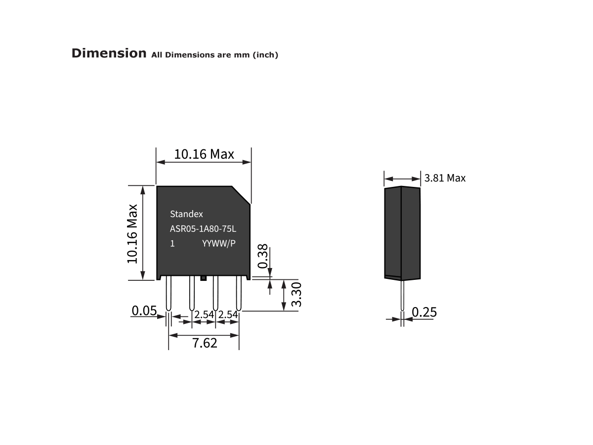 Technical drawing of a Standex ASR05-1A80-75L Reed Relay from the ASR Series with labeled dimensions in millimeters and inches, showing front and side views with measurements for height, width, thickness, and pin spacing. by Standex Detect