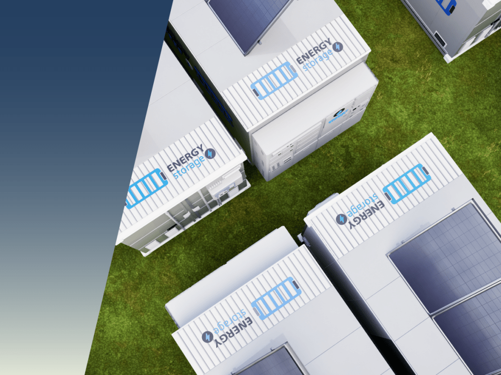 Aerial view of four white modular buildings with solar panels and ENERGY STORAGE labels on grassy ground, next to a blue gradient area. The setup highlights advanced BESS insulation monitoring for enhanced safety and reliability. by Standex Detect
