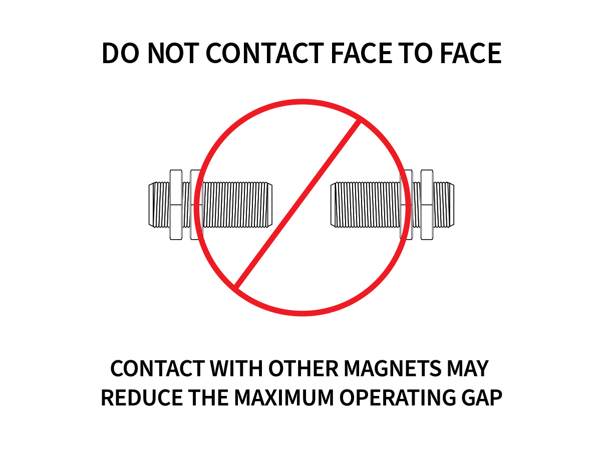 A warning graphic showing two DQ Series quadrature gear tooth sensors separated by a red do not symbol, with the text: DO NOT CONTACT FACE TO FACE. CONTACT WITH OTHER MAGNETS MAY REDUCE THE MAXIMUM OPERATING GAP. by Standex Detect